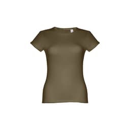 A fitted short sleeve cotton T-shirt in olive green with a logo on the label.