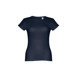 A fitted women's short sleeve cotton T-shirt in navy blue, featuring a logo on the label.