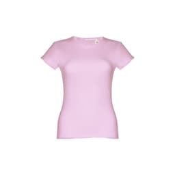 A women's fitted short sleeve cotton T-shirt in light pink with a branding label.