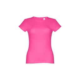 A fitted short sleeve T-shirt in bright pink, made from cotton. It features a logo on the label.