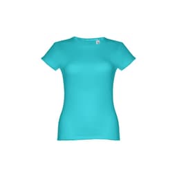 A women's fitted short sleeve T-shirt in vibrant turquoise, featuring a branding logo at the neckline.