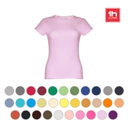 A women's fitted short sleeve cotton T-shirt in pink, with a variety of other colour options displayed below.