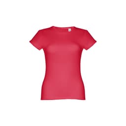 A women's fitted short sleeve T-shirt in bright red, featuring a brand logo on the label.