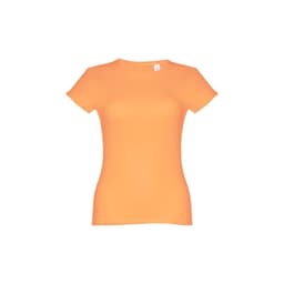 An orange women's fitted short sleeve cotton T-shirt with a label and no visible logos.