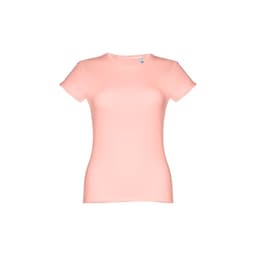 A women's fitted short sleeve cotton T-shirt in a soft peach colour, featuring a logo on the tag.