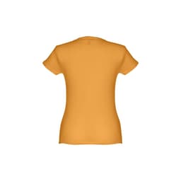 A women's fitted short sleeve cotton T-shirt in a vibrant orange colour, featuring a logo on the back.