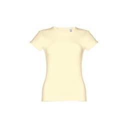 A women's fitted short sleeve T-shirt in a soft cream colour with a logo label on the neckline.