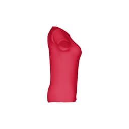 A fitted short sleeve cotton T-shirt in red, featuring a side view with a smooth silhouette. It has a logo.