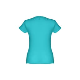 A women's fitted short sleeve cotton T-shirt in a vibrant turquoise colour, featuring a logo.