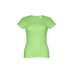 A women's fitted short sleeve cotton T-shirt in bright green, featuring a logo on the label.