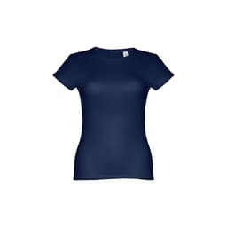 A women's fitted short sleeve cotton T-shirt in navy blue, featuring a logo on the label.