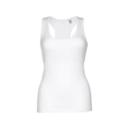 A women's sleeveless cotton T-shirt in white, featuring a stylish cut and soft fabric. It has a logo.
