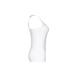 A women's sleeveless cotton T-shirt in white, featuring a simple and fitted design. It has a logo on it.