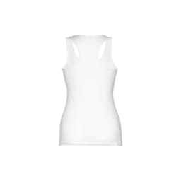 A white women's sleeveless cotton T-shirt with a fitted design and a logo on the back.