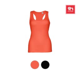 A women's sleeveless cotton T-shirt in vibrant coral, featuring a branded logo and a smooth fit.