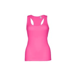 A pink women's sleeveless cotton T-shirt featuring a unique back design and a logo.