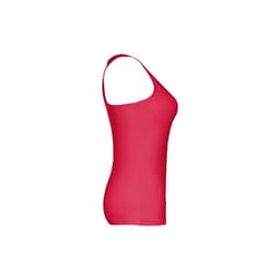 A women's sleeveless cotton T-shirt in bright red, featuring a fitted design and a side view. It has a logo.
