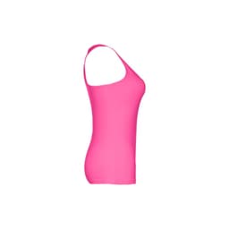 A women's sleeveless cotton T-shirt in bright pink, featuring a fitted design and a logo.