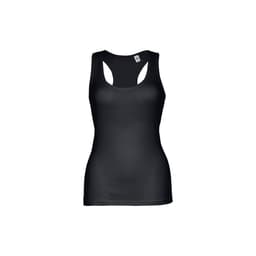 A black women's sleeveless cotton T-shirt with a cut-out design at the back and a logo visible.