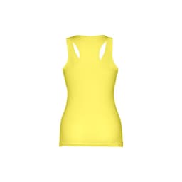 A women's sleeveless cotton T-shirt in bright yellow with a fitted back design and cut-out shoulder details.