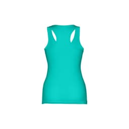 A women's sleeveless cotton T-shirt in a bright turquoise colour, featuring a plain back design and a logo.