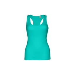 A women's sleeveless cotton T-shirt in vibrant turquoise, featuring a stylish cut and a logo.
