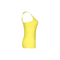 A yellow women's sleeveless cotton T-shirt with a fitted design and a logo.