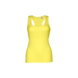 A women's sleeveless cotton T-shirt in bright yellow with a scoop neck and cut-out back design. It features a logo.