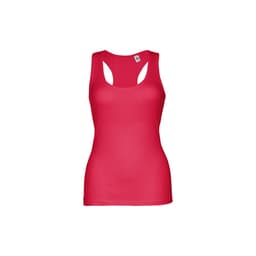 A women's sleeveless cotton T-shirt in vibrant pink with open back design and a logo.