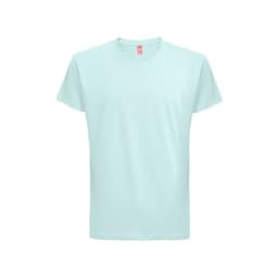 A light mint green 100% cotton t-shirt with a blank front and a logo on the tag.