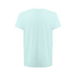 A light blue 100% cotton t-shirt with a crew neck and short sleeves, featuring a logo on the front.