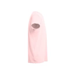 A pink 100% cotton t-shirt displayed from the side, featuring a simple design and a logo.