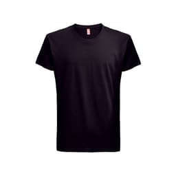 A black 100% cotton t-shirt with a classic crew neck and short sleeves, featuring a logo on the label.