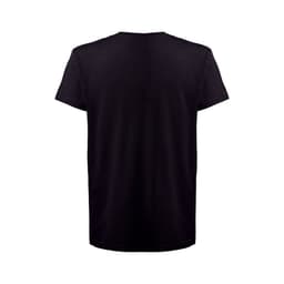 A black 100% cotton t-shirt with a plain back and short sleeves, featuring a logo on the front.