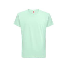 A mint green 100% cotton t-shirt with a simple design and a logo on the label.