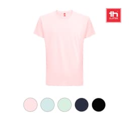 A pink 100% cotton t-shirt displayed with a logo and colour options including mint, light blue, navy, and black.