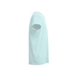 A light blue 100% cotton t-shirt displayed from the side, featuring a simple design and a logo.