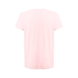 A plain pink t-shirt made of 100% cotton, featuring a simple design with a logo on the back.