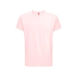 A pink 100% cotton t-shirt featuring a tag at the neckline and a minimalist design.