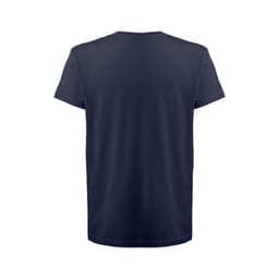 A navy blue 100% cotton t-shirt with short sleeves and a plain back, featuring a branding logo.