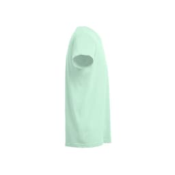 A light mint green t-shirt made from 100% cotton, featuring short sleeves and a plain design. It has a logo.