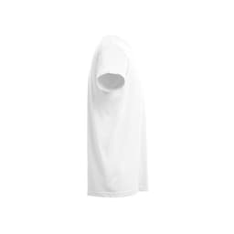 A white, short-sleeved T-shirt made from 100% cotton, featuring a simple design and one logo.
