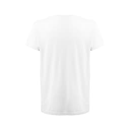 A plain white T-shirt made from 100% cotton, featuring a logo on the back.