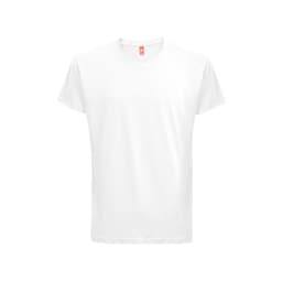 A plain white T-shirt made from 100% cotton, featuring a logo on the tag.