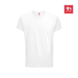 A 100% cotton T-shirt in white, featuring a simple design and a logo on the top right corner.