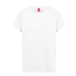 A white regular cut T-shirt for women with a simple design and a logo at the neckline.