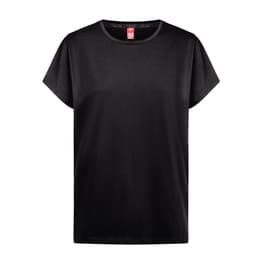 A black regular cut T-shirt for women with short sleeves and a logo on the label.