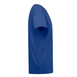 A blue regular cut T-shirt for women displayed from the side, featuring a round neckline and short sleeves.