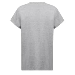 A grey women's regular cut T-shirt with short sleeves, featuring a casual design and a branding logo.
