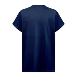 A navy blue regular cut T-shirt for women featuring a logo on the back.